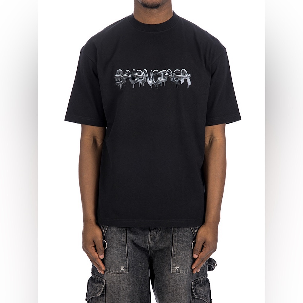 Balenciaga Slime Graffiti Logo Print T-Shirt Black & Chrome Bubble Font Unisex